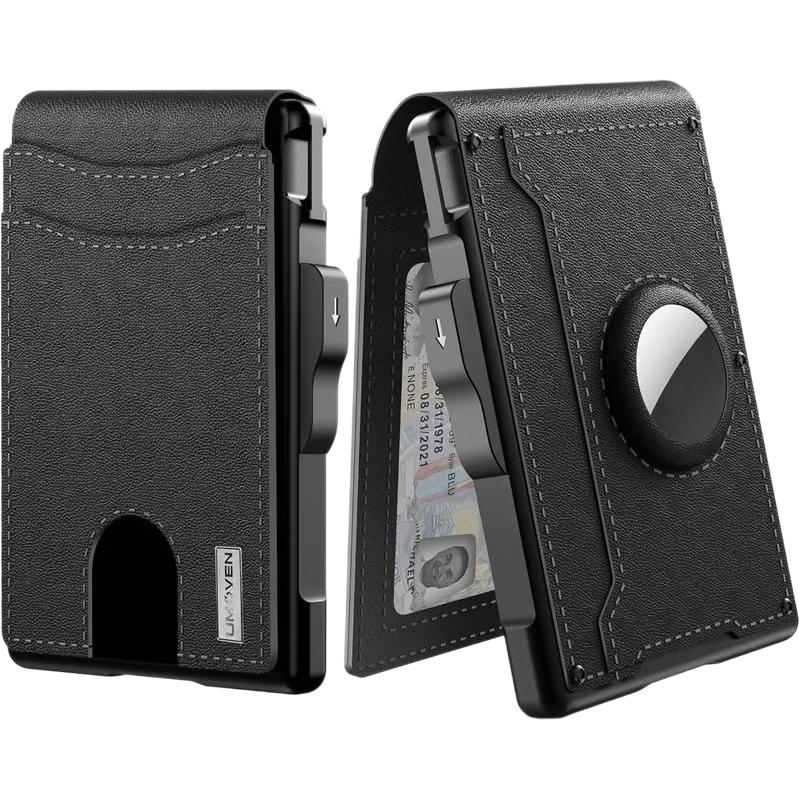 black pop-up bifold wallet with aluminum frame and AirTag slot.