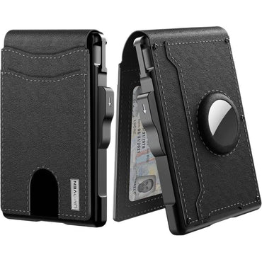 black pop-up bifold wallet with aluminum frame and AirTag slot.