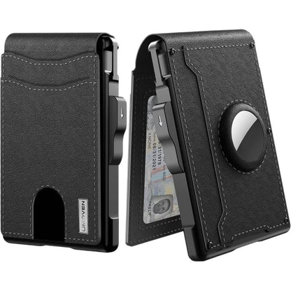 black pop-up bifold wallet with aluminum frame and AirTag slot.