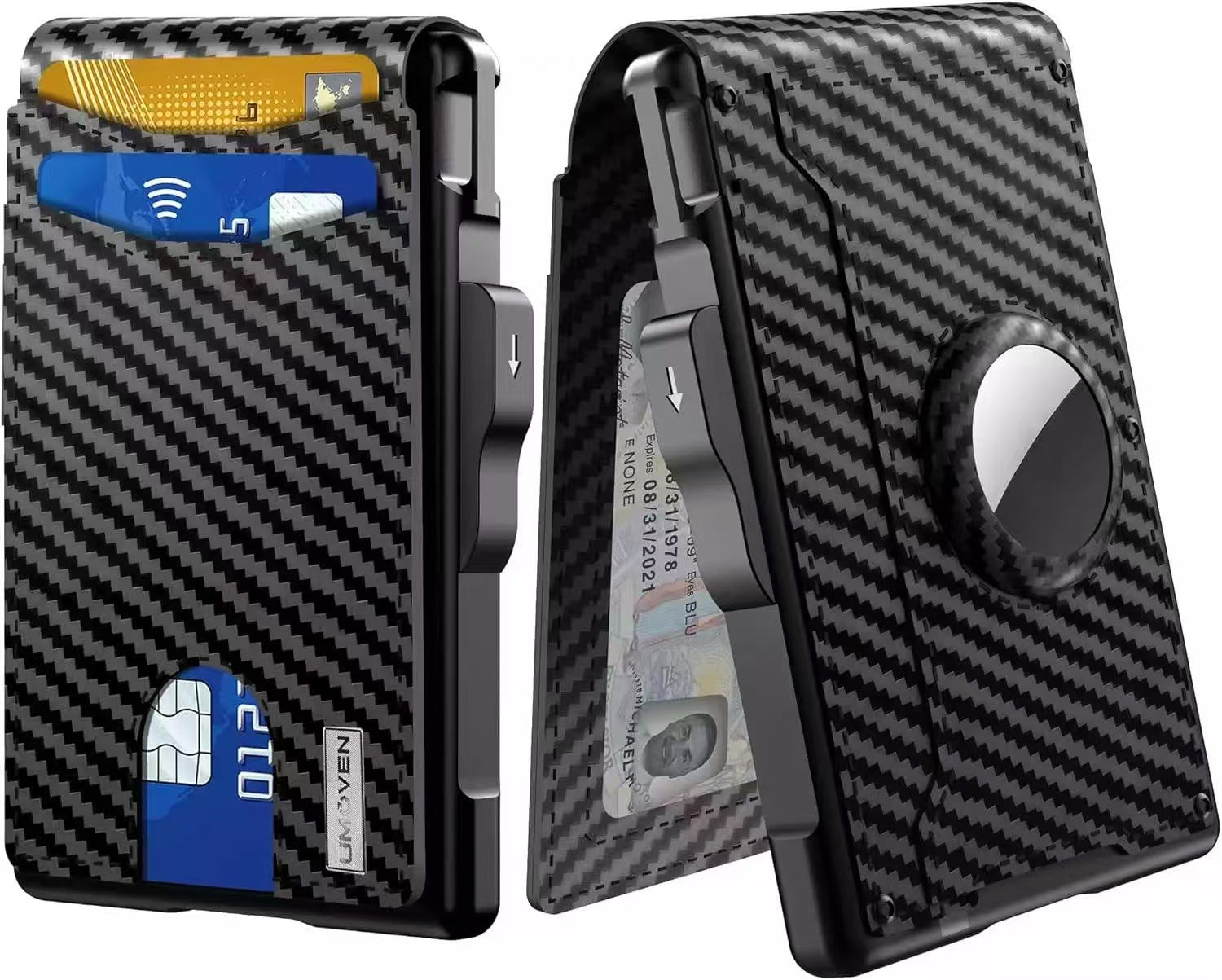 Carbon Fiber pop-up bifold wallet with aluminum frame and AirTag slot.