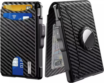 Carbon Fiber pop-up bifold wallet with aluminum frame and AirTag slot.