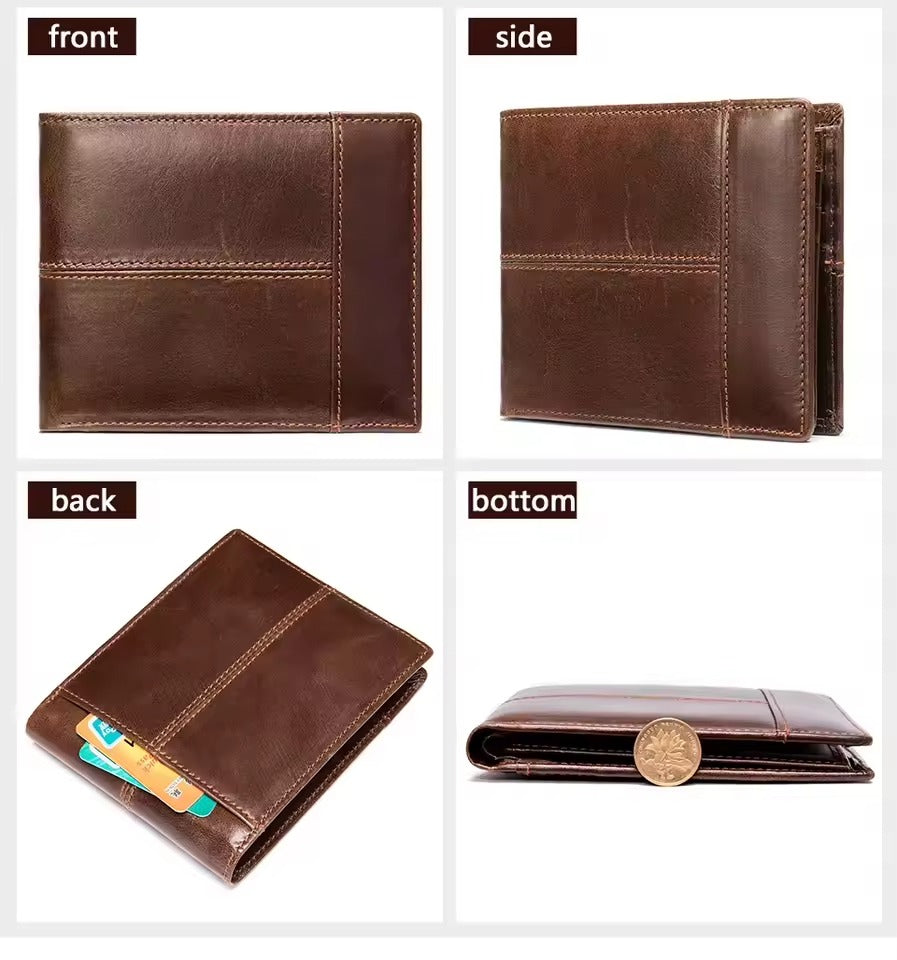 Brown genuine leather RFID wallet for men shown from front, side, back, and bottom views.