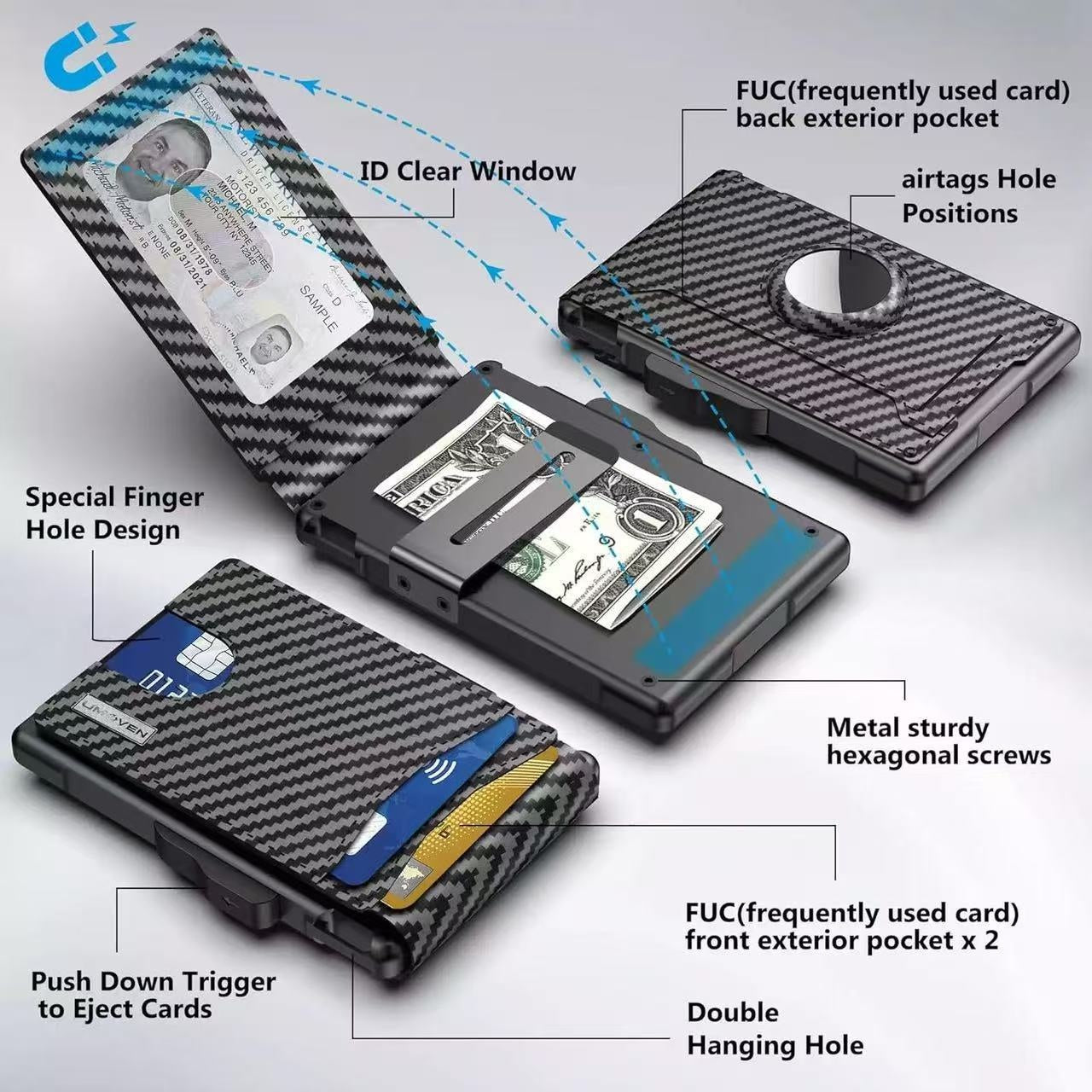 Pop-up wallet with ID window, card holder, and AirTag slot.