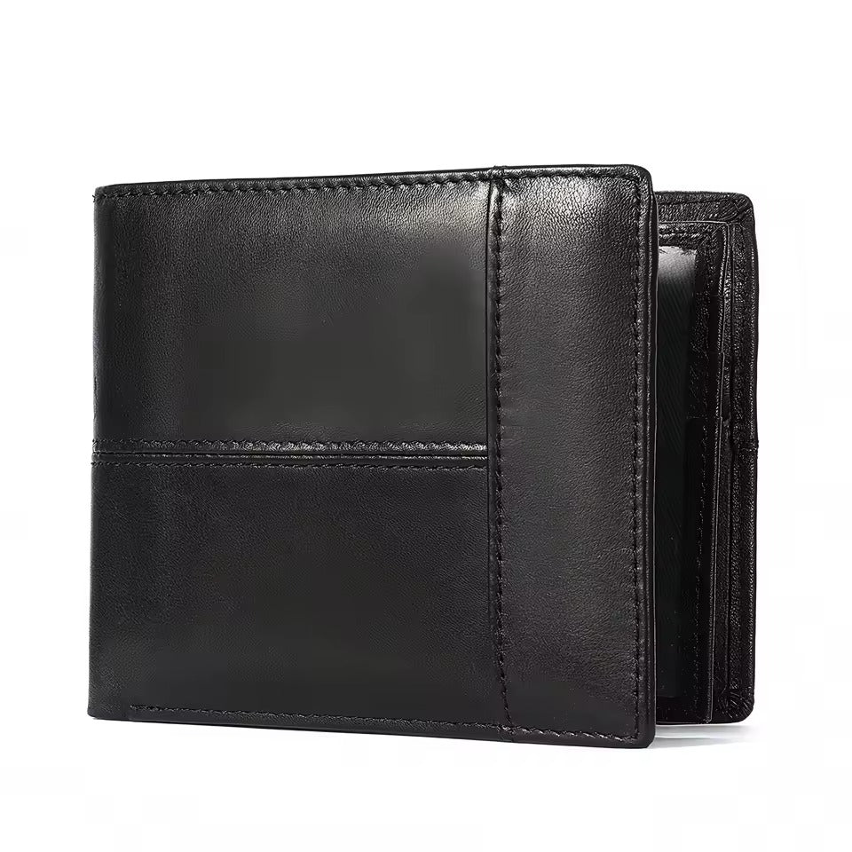 Black genuine leather RFID wallet for men shown from multiple angles.