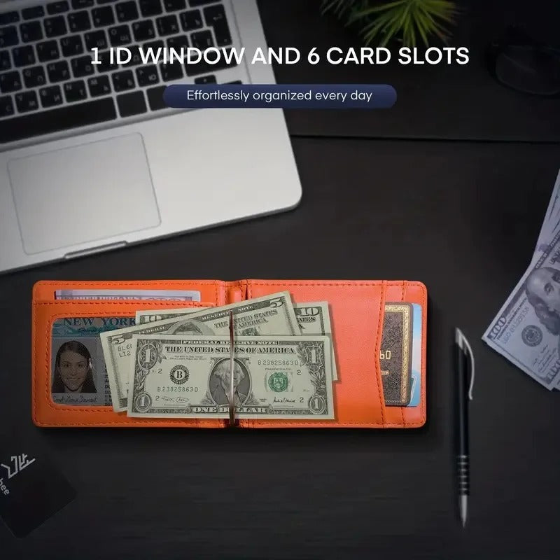 Open slim bifold wallet showing money clip, six card slots, and ID window.