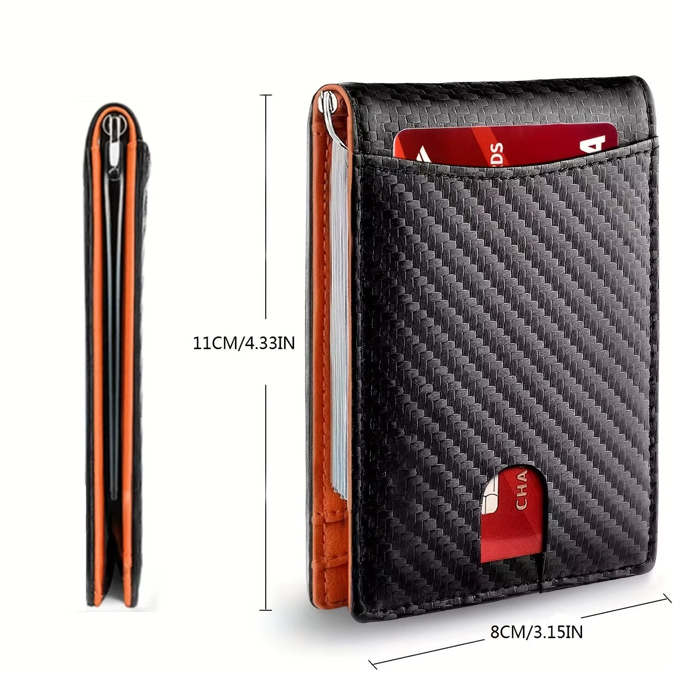 Slim money clip wallet with dimensions shown from front and side views.