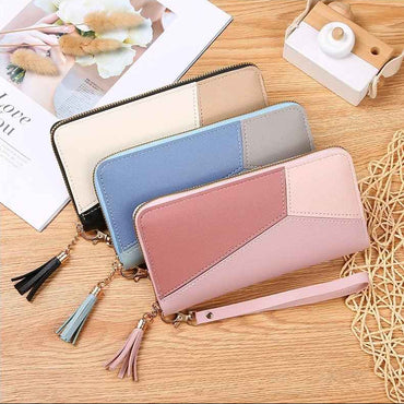 Women's patchwork zip wallet large size available in pink, black, and blue