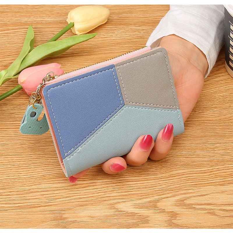 Blue women's patchwork zip wallet with tassel zipper pull small