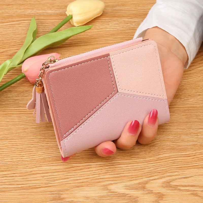 Pink women's patchwork zip wallet with tassel zipper pull small
